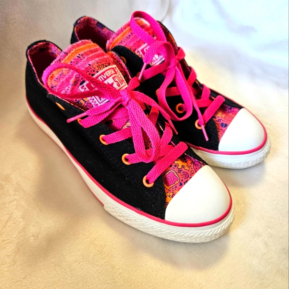 Converse All Star Multi Tongue Pink/Black Junior Sneakers Size 4. - Picture 3 of 11